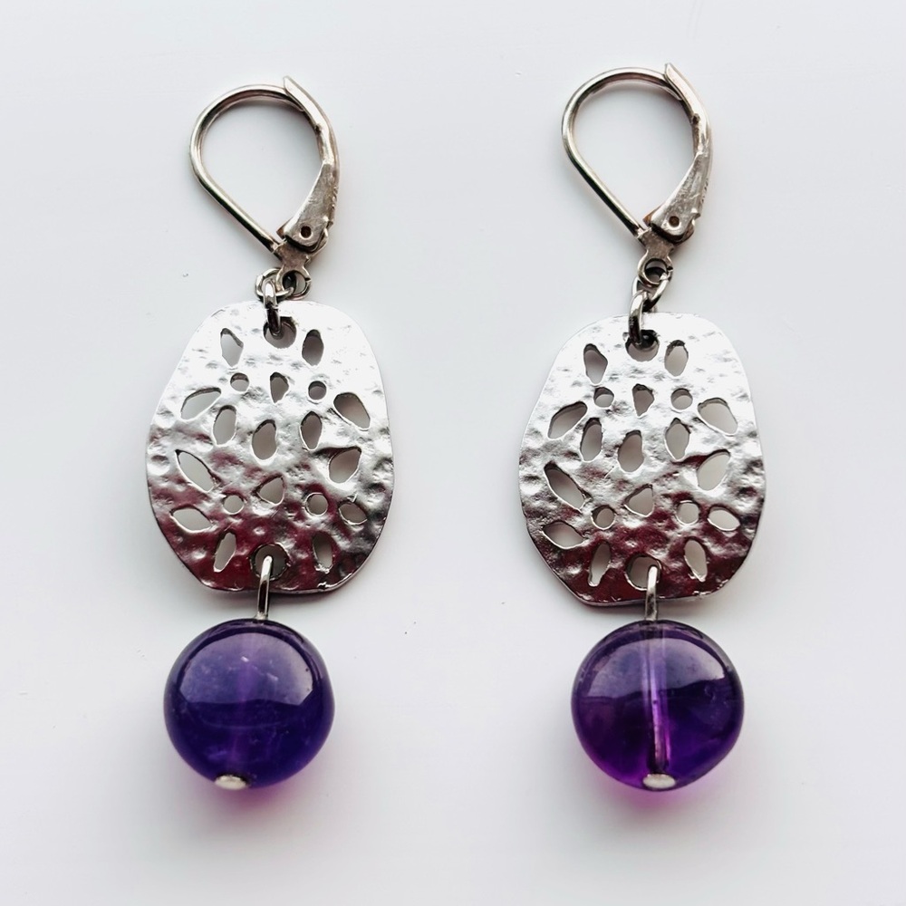 Mexican Modernist Hammered 925 Silver Amethyst Drop Earrings 2”